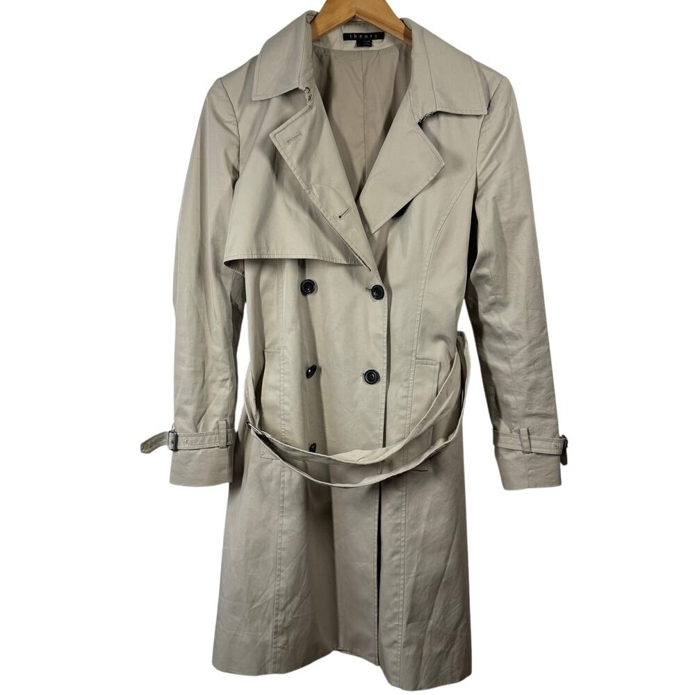Theory Trench Coat Women‎ L Tan Midi Long Sleeve Double Breast Minimal Career